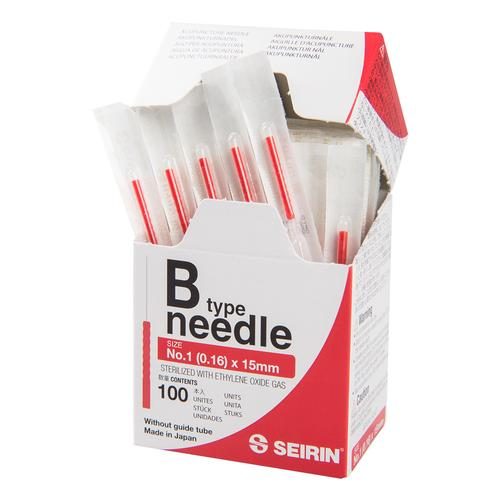 SEIRIN® Type B akupunktūras adatas, 0,16 × 15 mm, sarkans rokturis, 100 gab. kastē