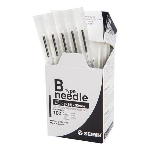 SEIRIN® Type B akupunktūras adatas, 0,35 × 50 mm, melns rokturis, 100 gab. kastē
