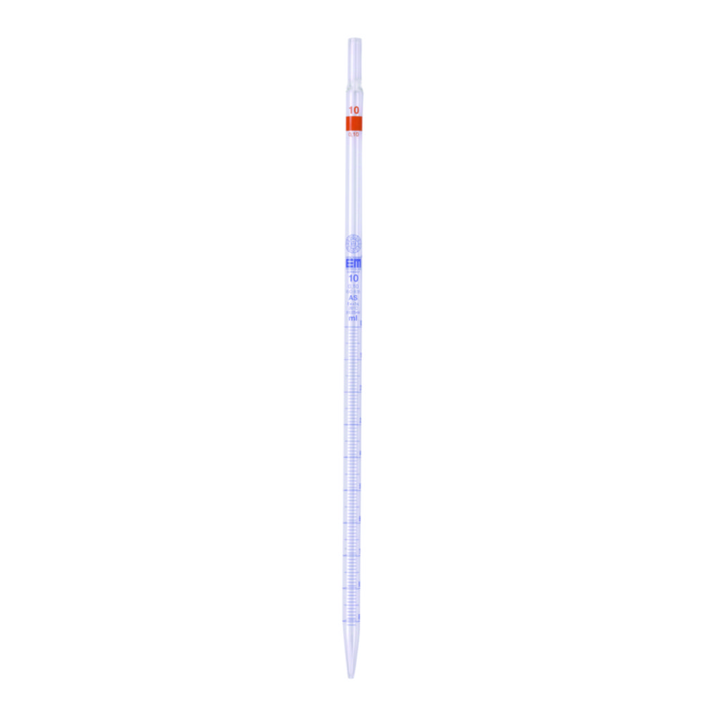 Graduētās pipetes no nātrija-kalcija stikla, AS klase, zila graduācija, 3. tips