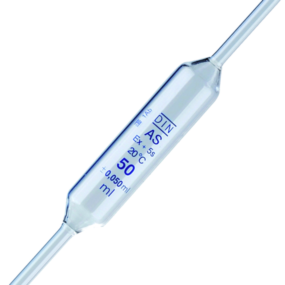 Pilnās pipetes no nātrija-kalcija stikla, AS klase, 1 atzīme, zila graduācija