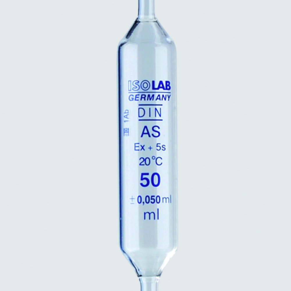 Pilnās pipetes no sodas stikla, AS klase, 1 atzīme, zila graduācija