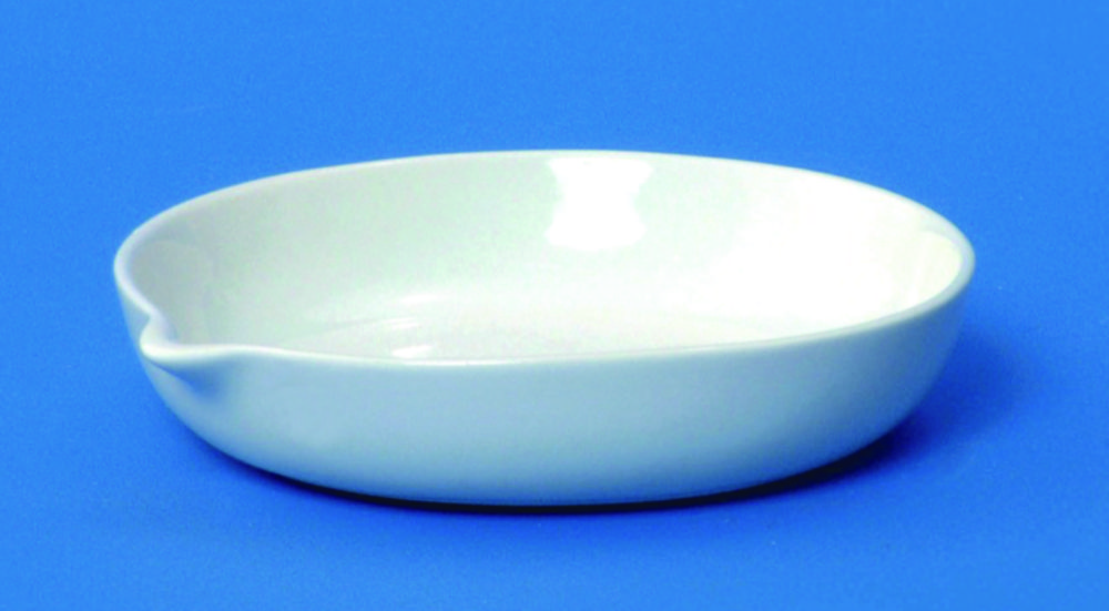 porcelāna iztvaikošanas trauciņi ar snīpi, plakans dibens, sekla forma