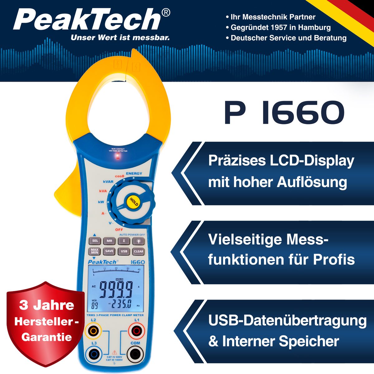 True RMS power clamp meter, 1000 A AC, up to 750 kW, P 1660