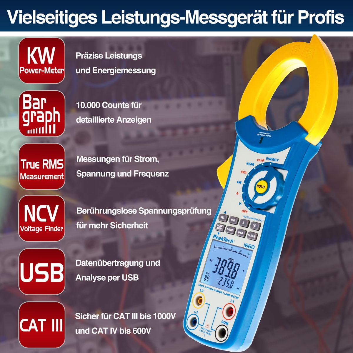 True RMS power clamp meter, 1000 A AC, up to 750 kW, P 1660