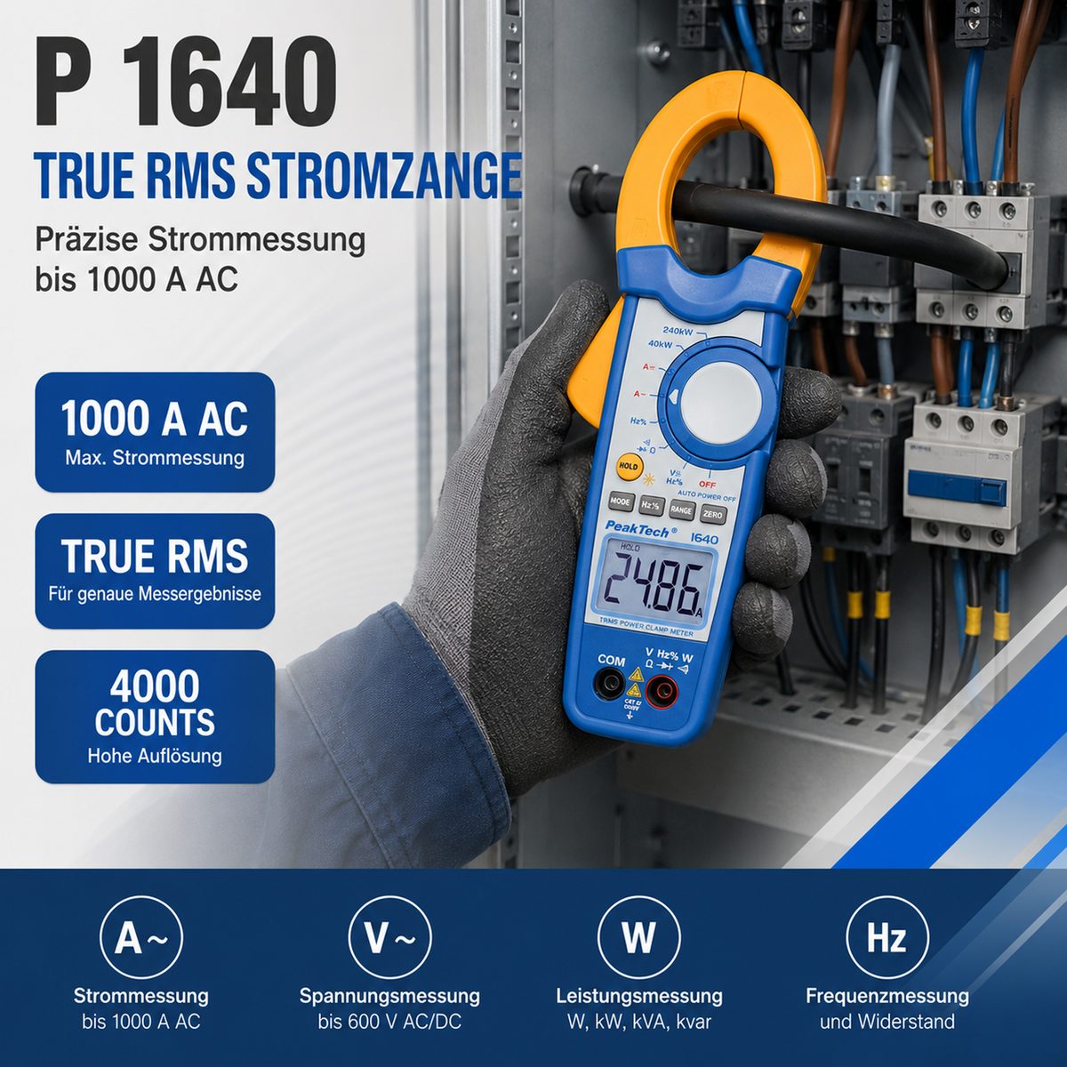 True RMS strāvas knaibles jaudas mērīšanai, 1000 A AC/DC, P 1640