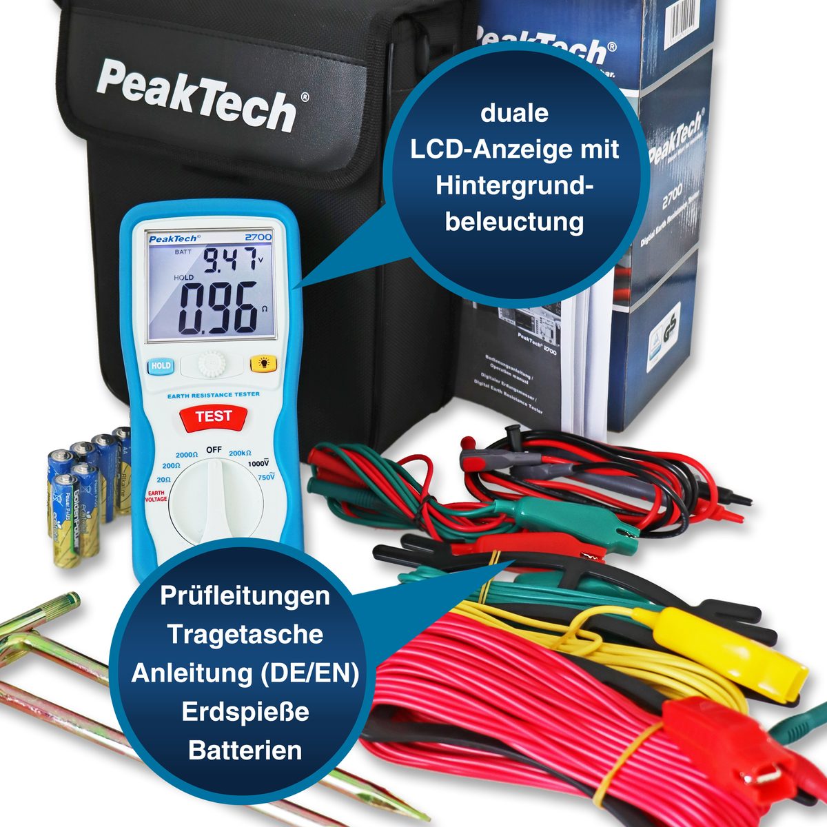 Digital earth resistance tester, 0–2000 Ω, CAT III 1000 V, P 2700