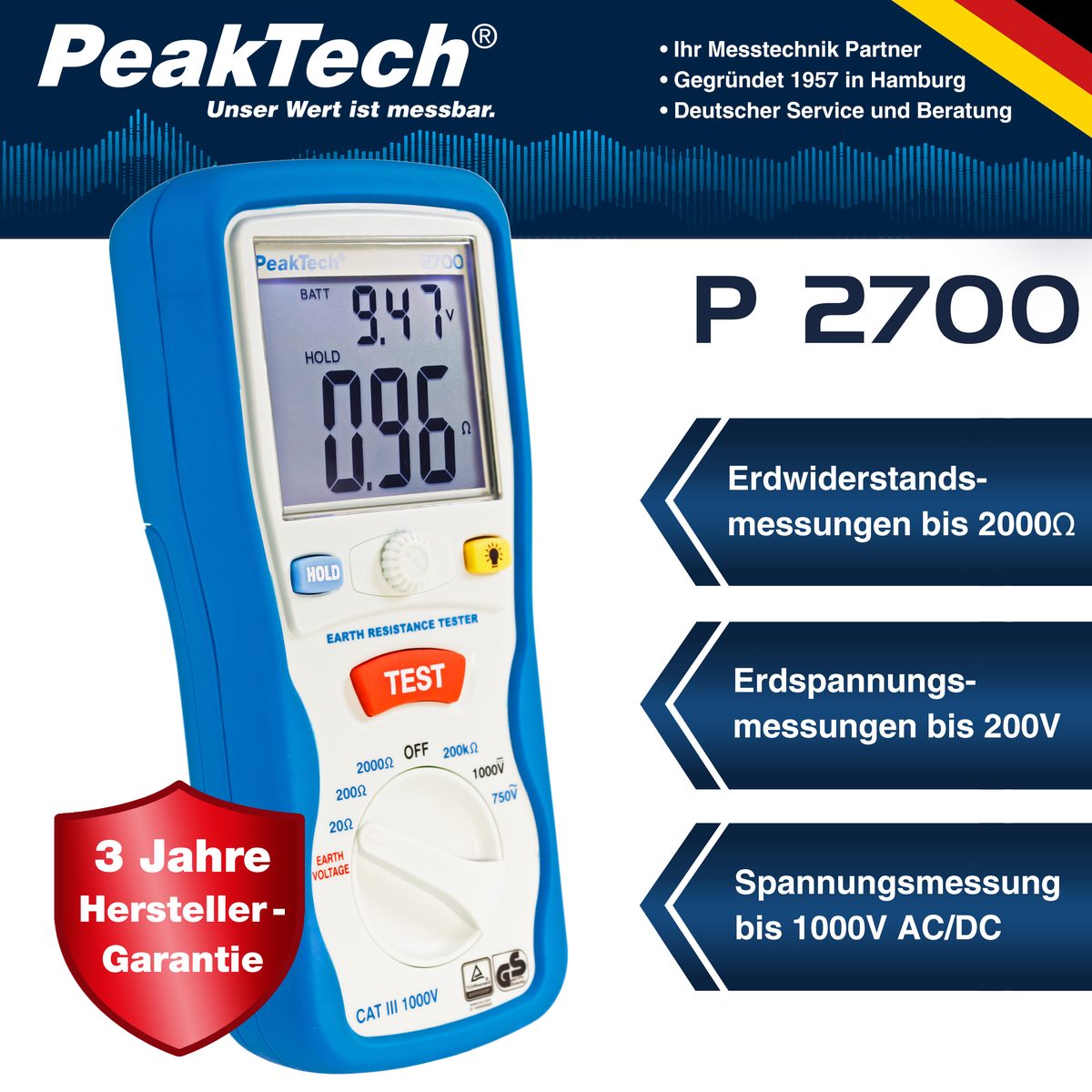 Digital earth resistance tester, 0–2000 Ω, CAT III 1000 V, P 2700