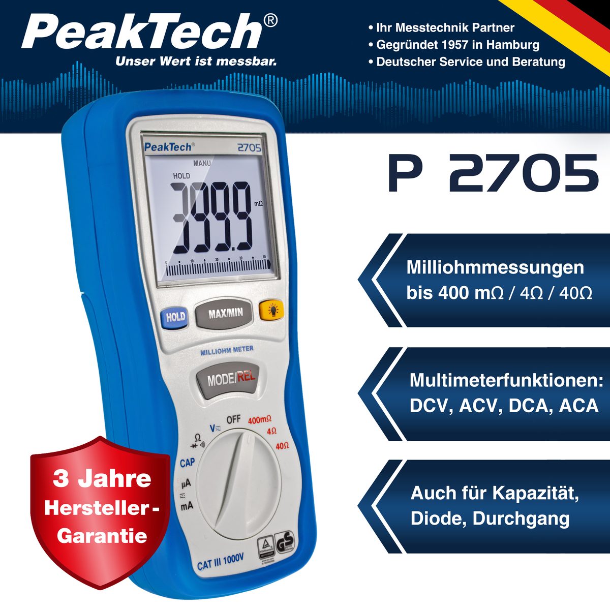 Digital milliohmmeter, 4,000 counts, 400 mΩ / 4 Ω / 40 Ω, P 2705