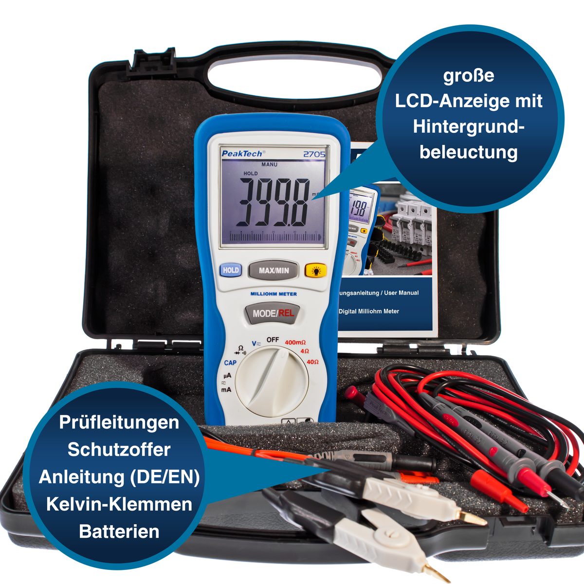 Digital milliohmmeter, 4,000 counts, 400 mΩ / 4 Ω / 40 Ω, P 2705