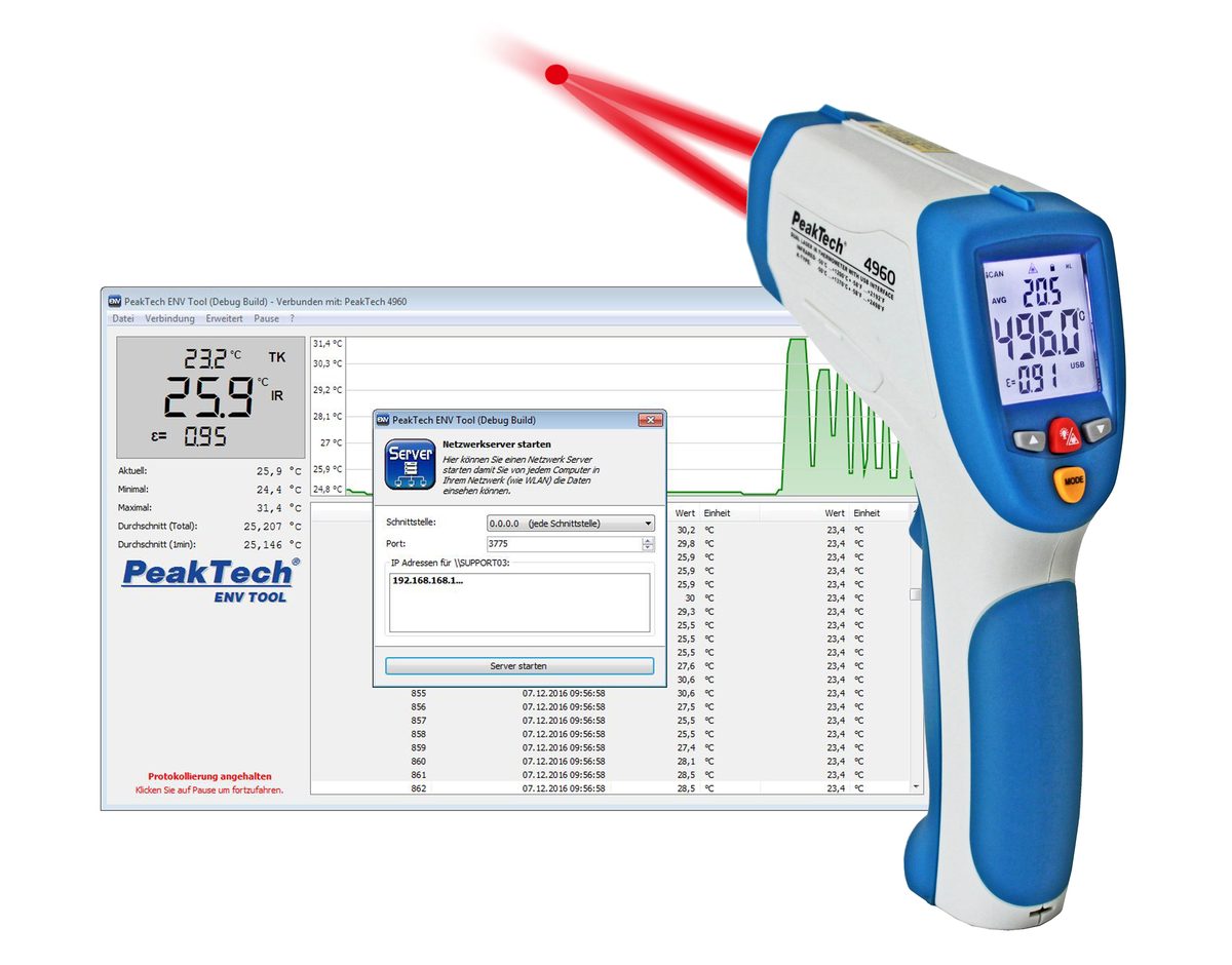Инфракрасный термометр, −50…+1200 °C, интерфейс USB, P 4960