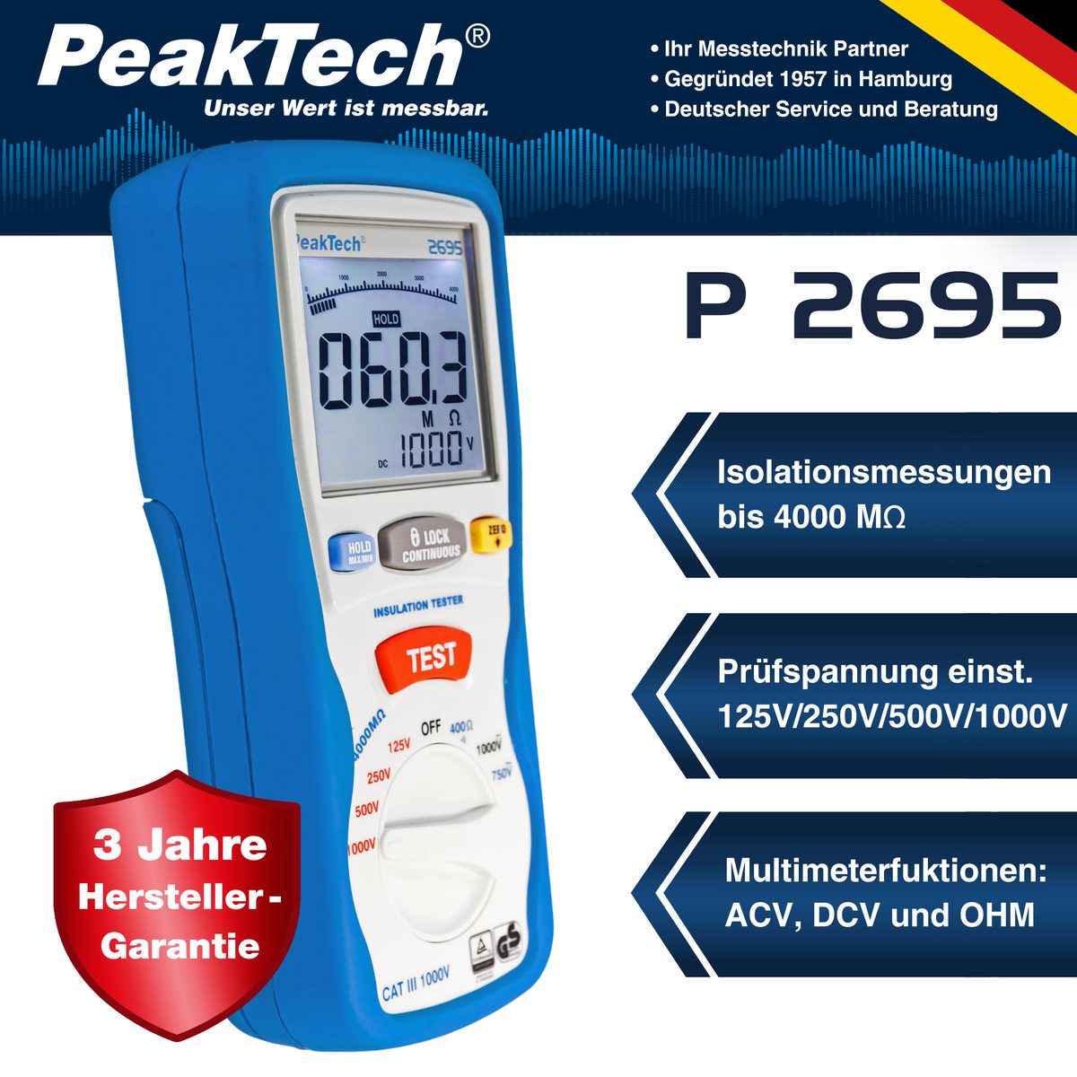 Insulation tester 125/250/500/1000 V /4000 MΩ, P 2695