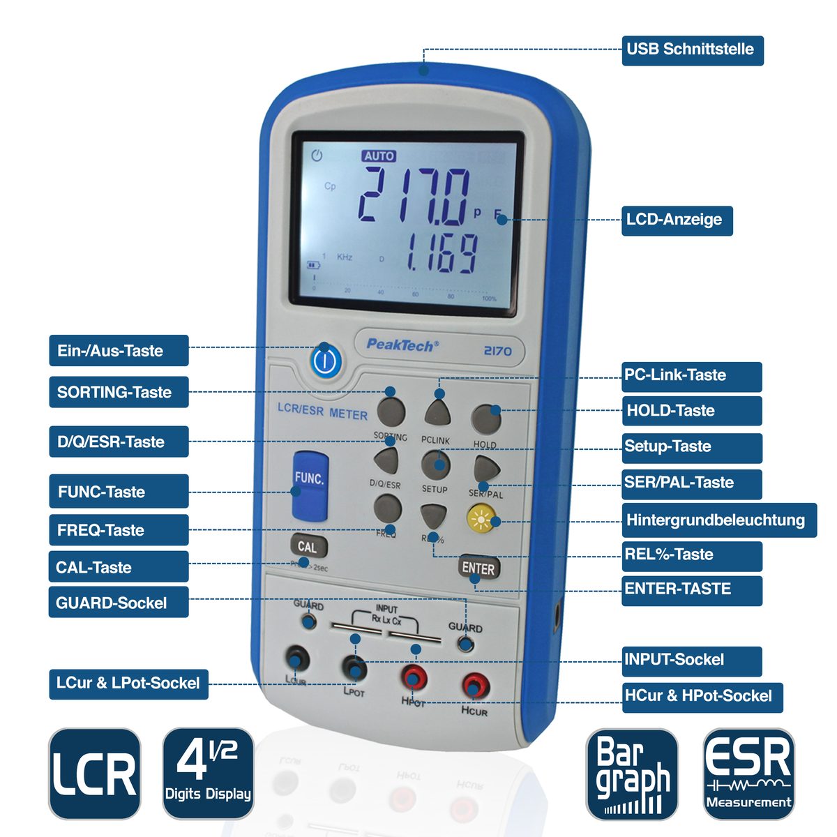 LCR-/ESR-Meter, 100 Hz - 100 kHz, with USB, P 2170