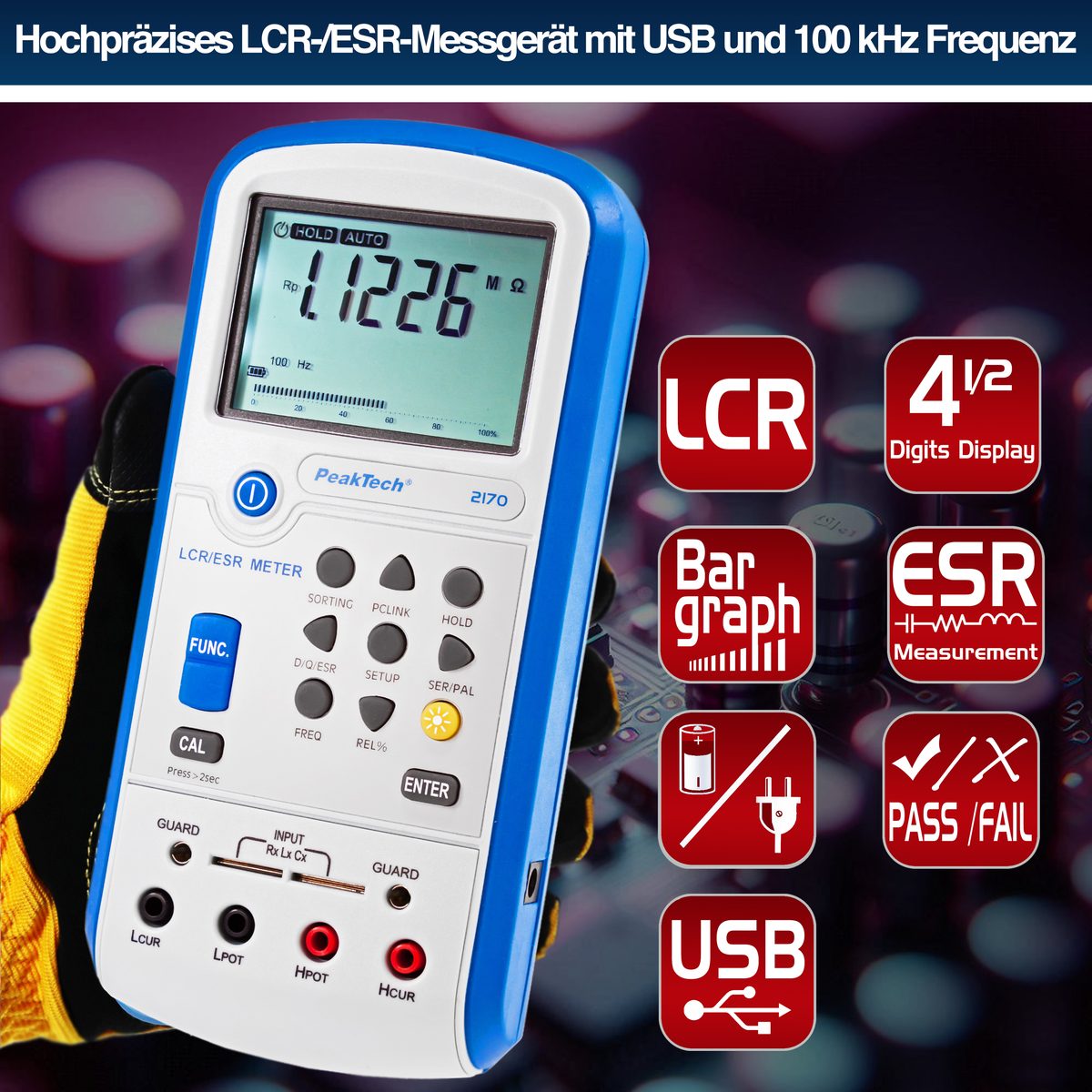 LCR-/ESR-Meter, 100 Hz - 100 kHz, with USB, P 2170