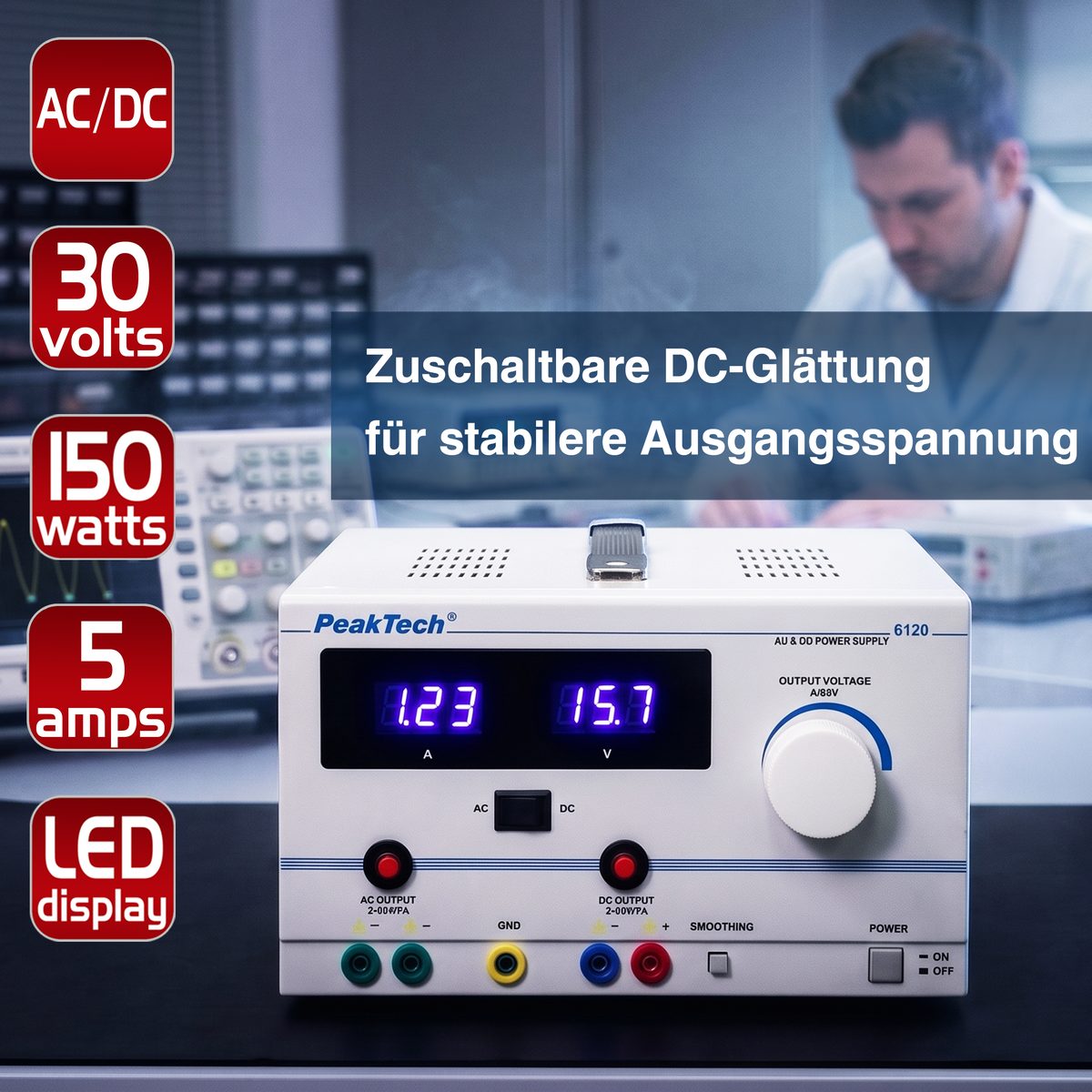 Laboratorijas barošanas bloks AC/DC, 0–30 V/5 A, P 6120