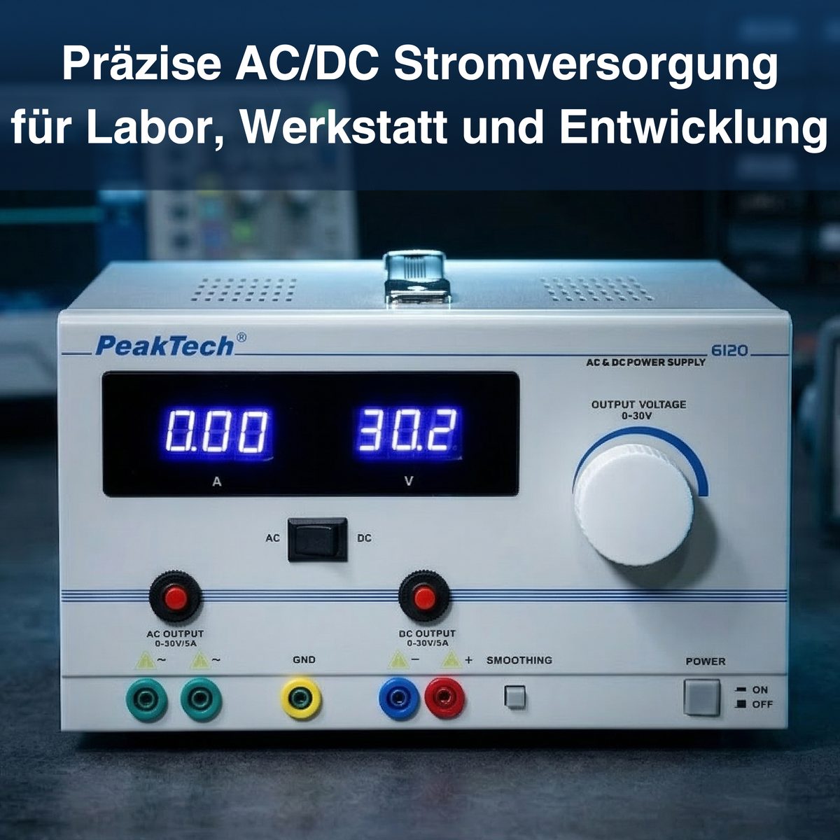 Laboratorijas barošanas bloks AC/DC, 0–30 V/5 A, P 6120