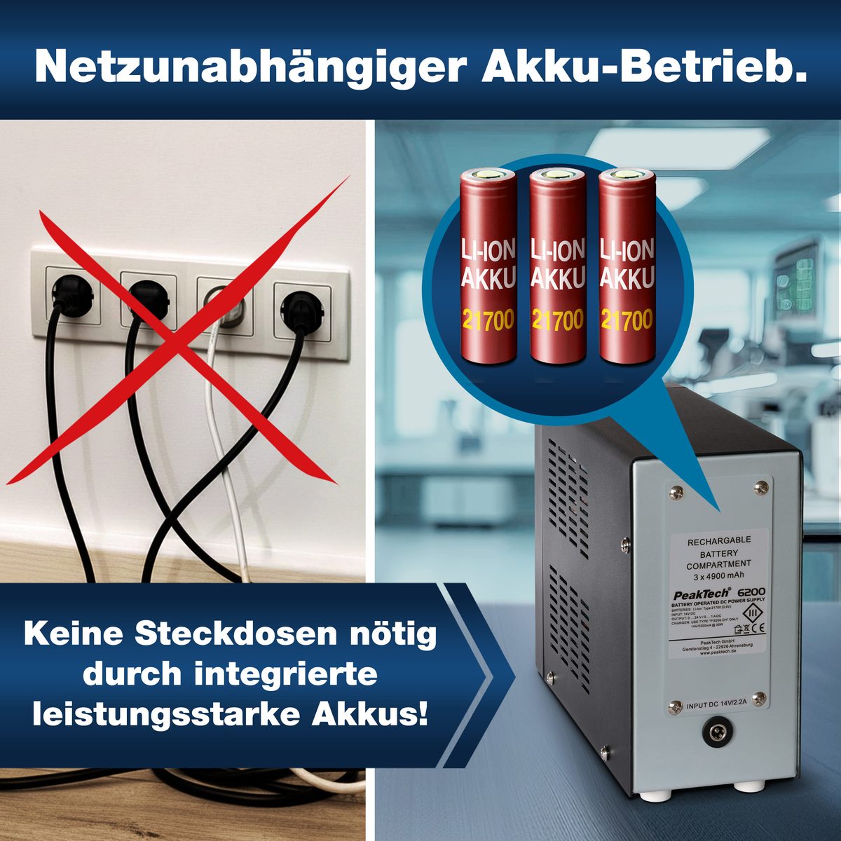 Ar akumulatoru darbināms laboratorijas barošanas bloks, 0…24 V/0…1 A DC, P 6200