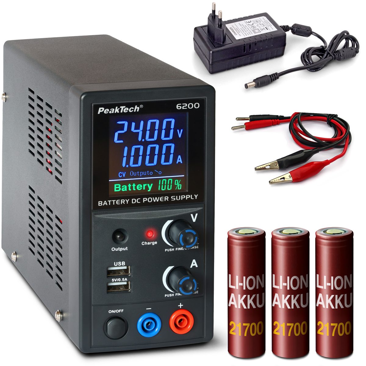 Ar akumulatoru darbināms laboratorijas barošanas bloks, 0…24 V/0…1 A DC, P 6200