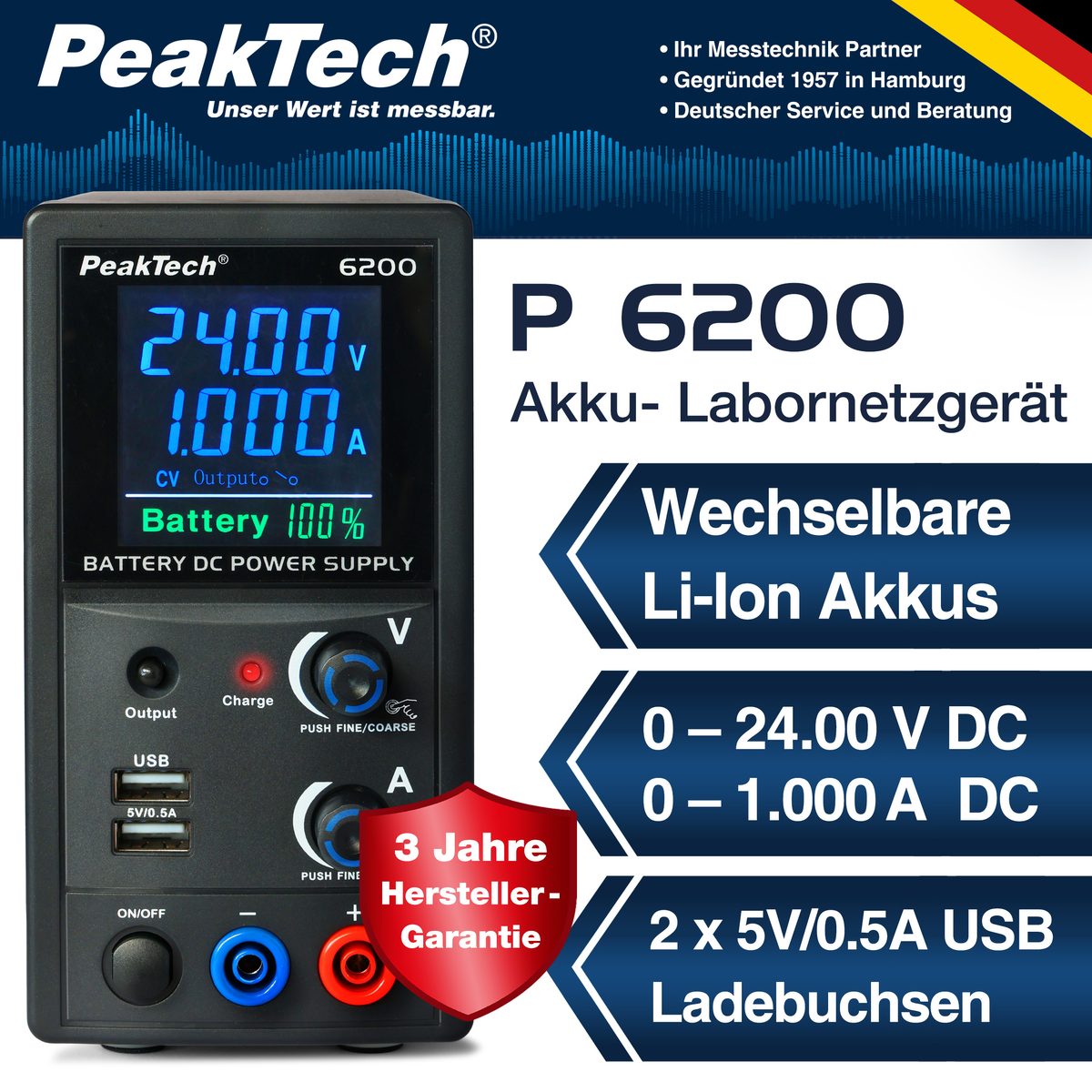 Ar akumulatoru darbināms laboratorijas barošanas bloks, 0…24 V/0…1 A DC, P 6200