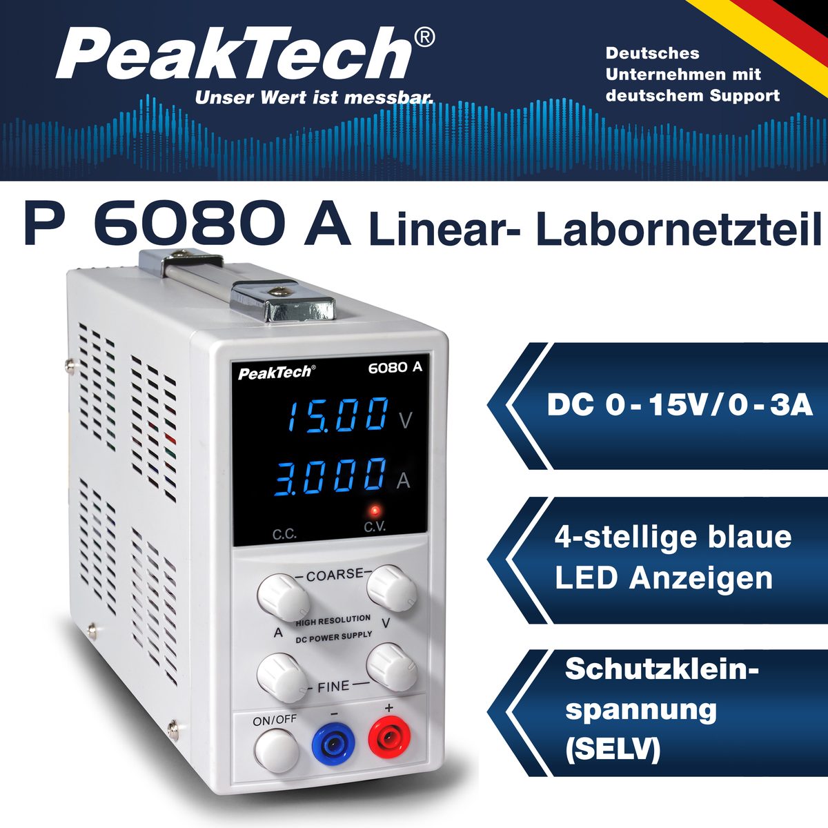 Digitāls laboratorijas barošanas avots, 0–15 V / 0–3 A DC, P 6080 A
