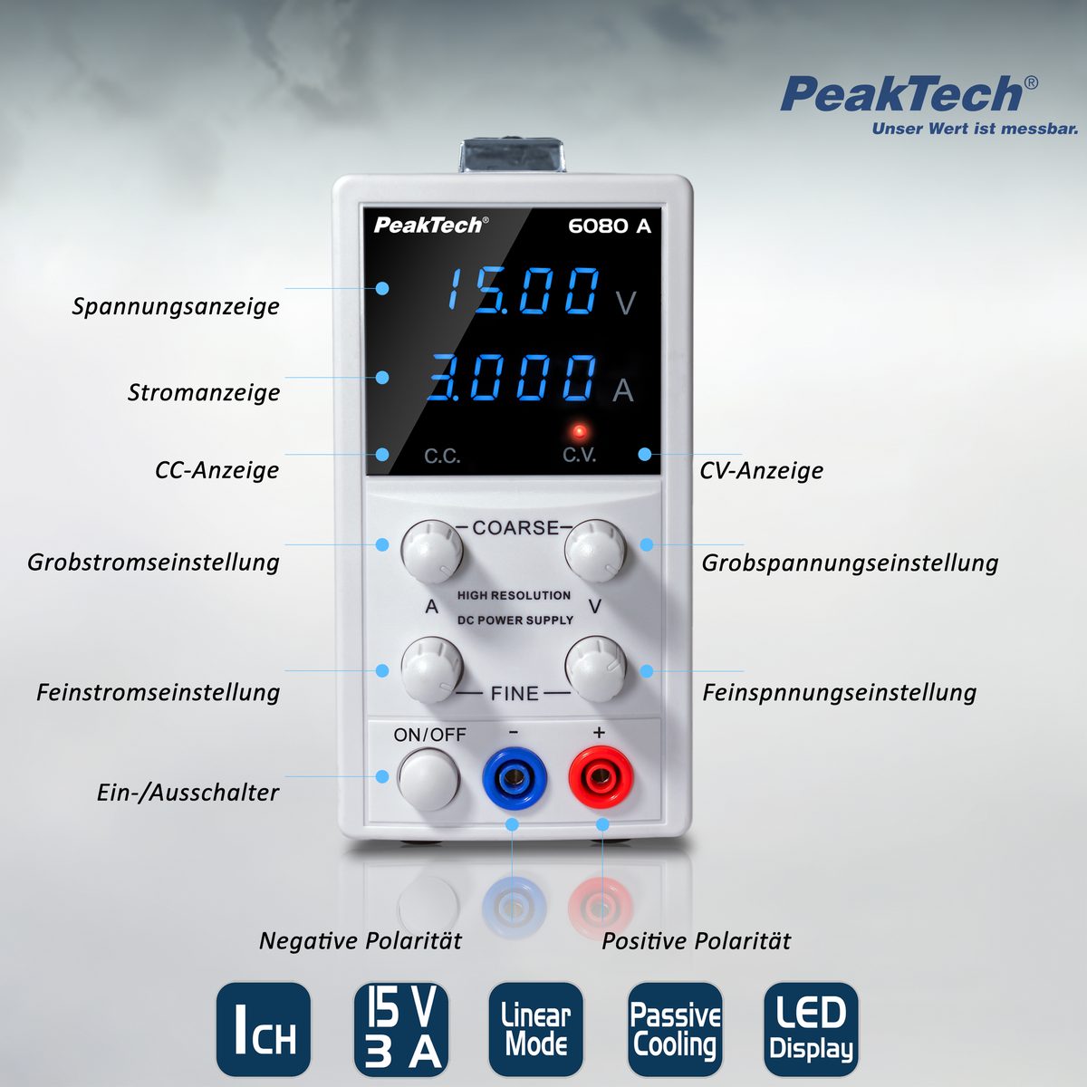 Digitāls laboratorijas barošanas avots, 0–15 V / 0–3 A DC, P 6080 A