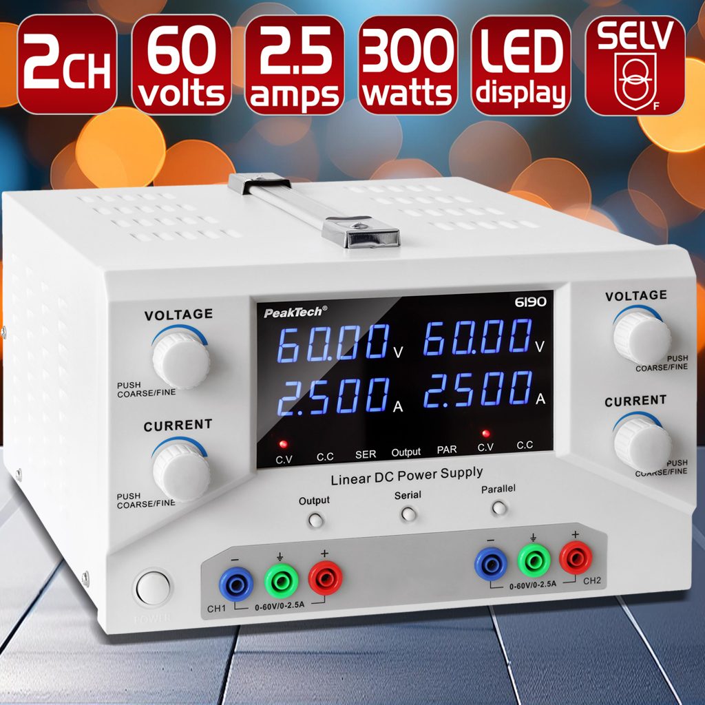Laboratorijas barošanas avots 2 × 0-60 V / 0-2,5 A DC & USB, P 6190