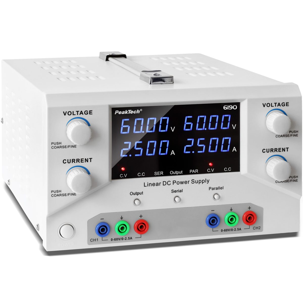 Laboratorijas barošanas avots 2 × 0-60 V / 0-2,5 A DC & USB, P 6190