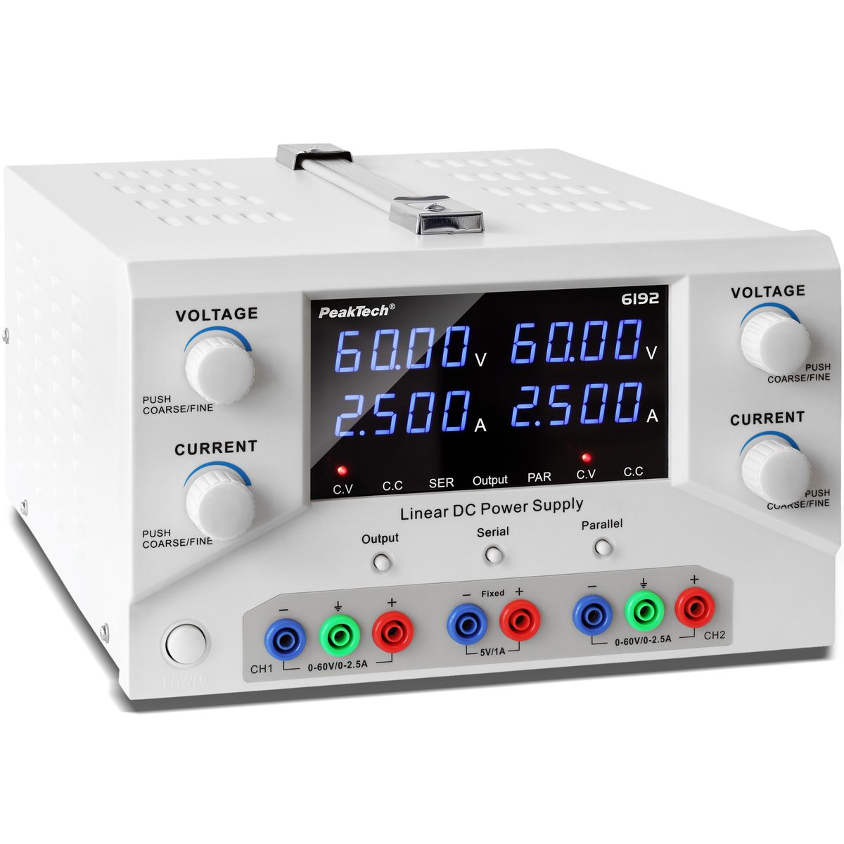 Laboratorijas barošanas avots 2 × 0-60 V / 0-2,5 A DC & USB, P 6192