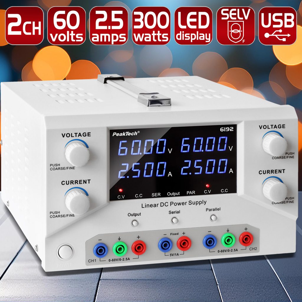 Laboratorijas barošanas avots 2 × 0-60 V / 0-2,5 A DC & USB, P 6192