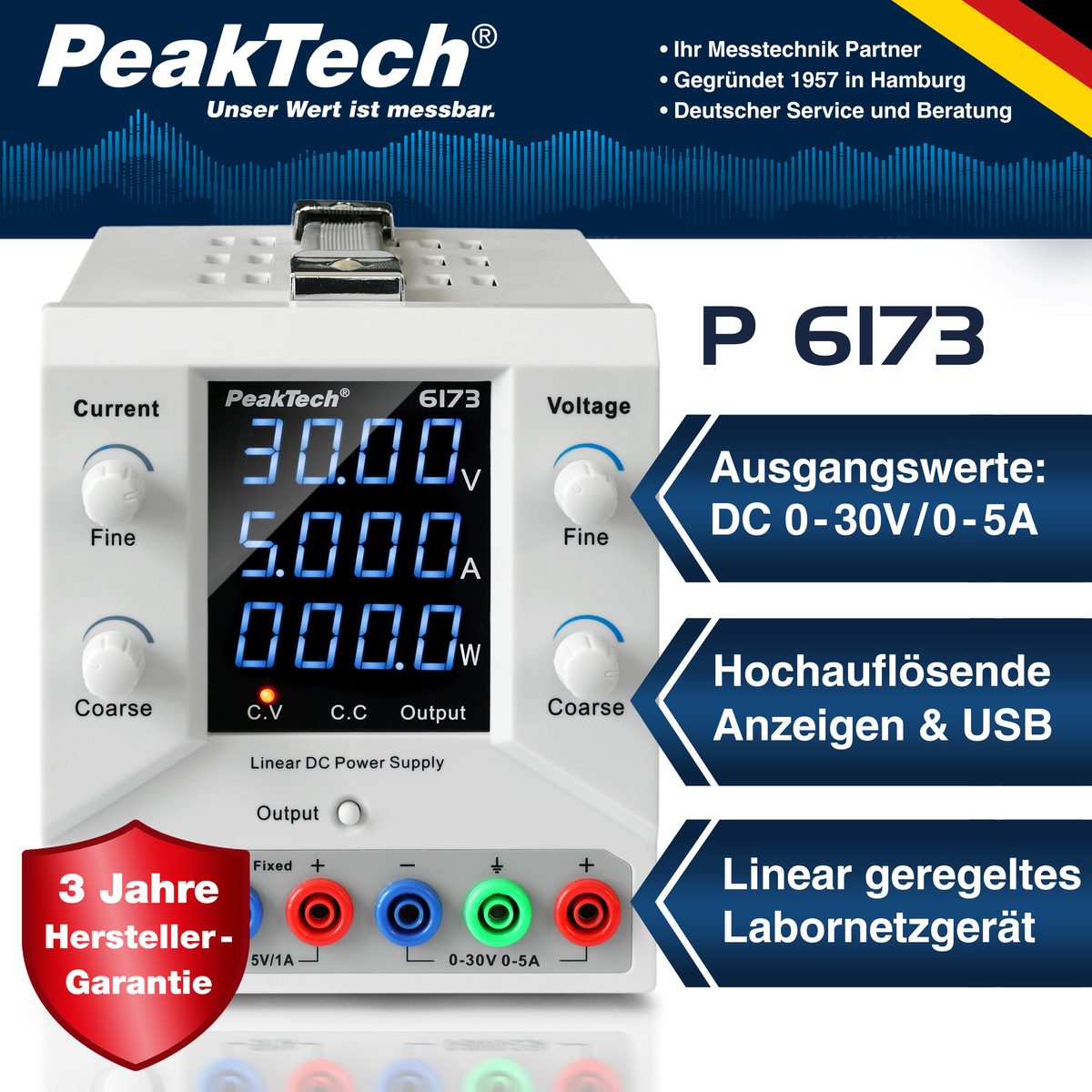 Laboratory power supply 0-30 V / 0-5 A DC & USB, P 6173