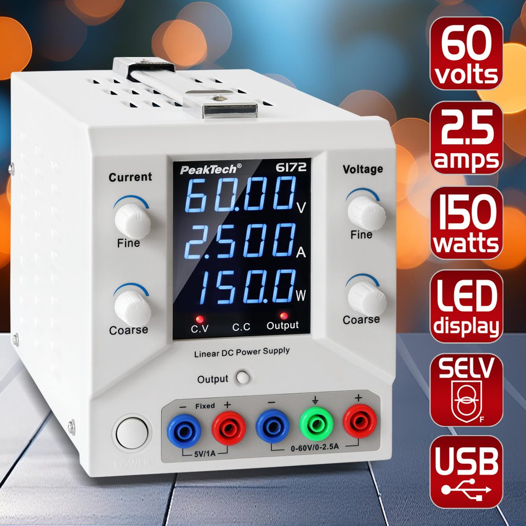 Laboratorijas barošanas avots 0-60 V / 0-2,5 A DC & USB, P 6172