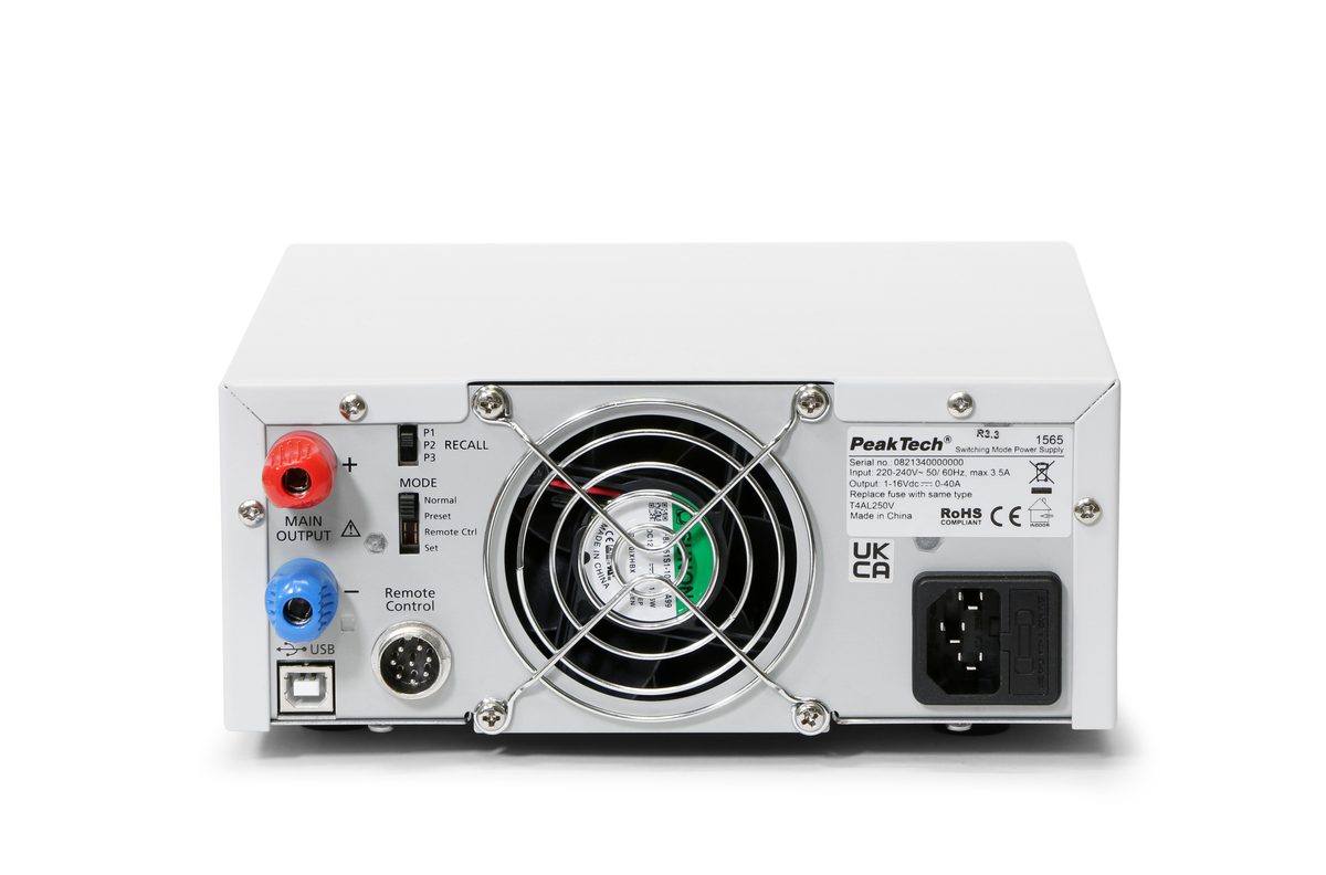 Līdzstrāvas laboratorijas barošanas avots, 1 - 16 V/0 - 40 A & USB, P 1565