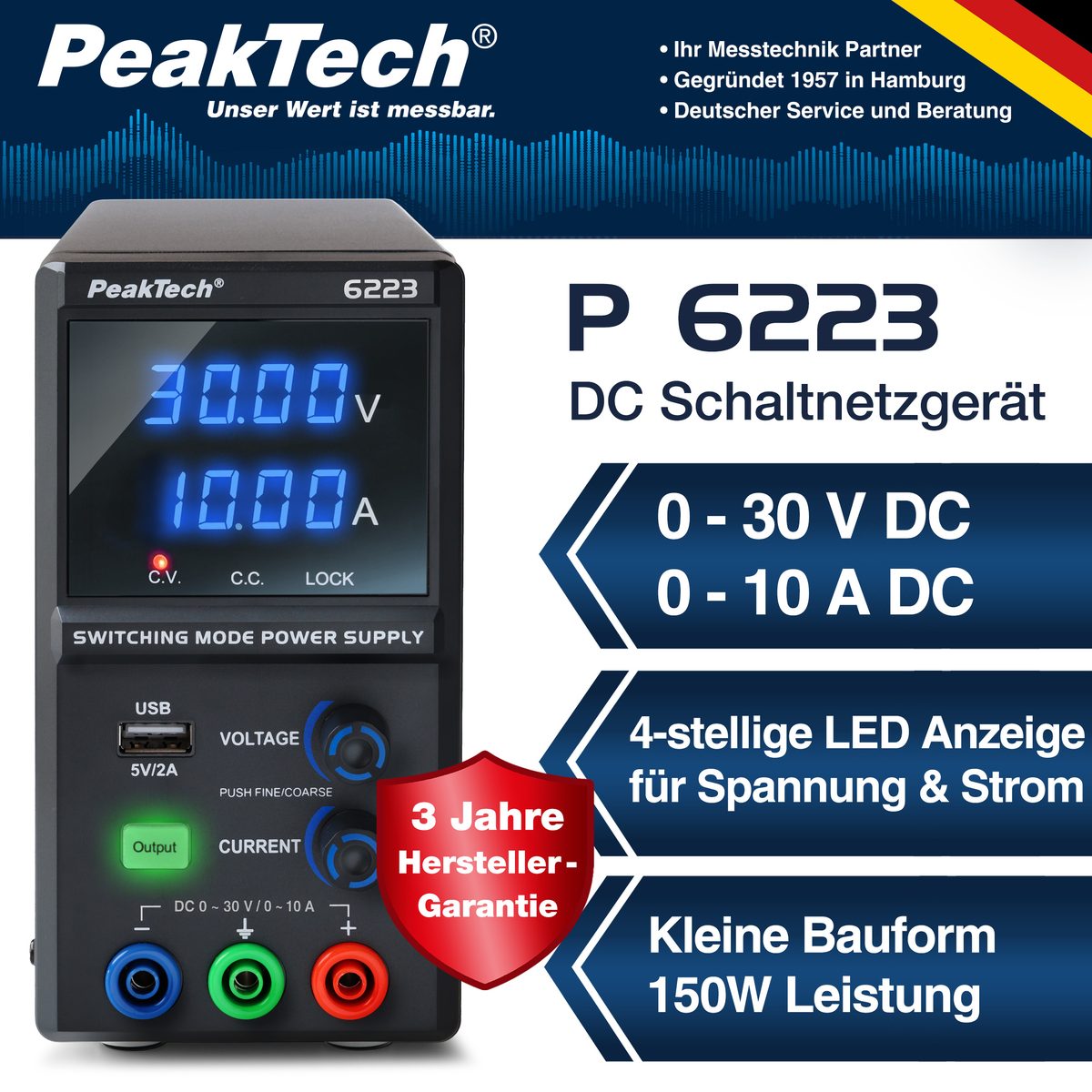 Switching Mode Power Supply 0 - 30 V / 0 - 10 A DC, P 6223