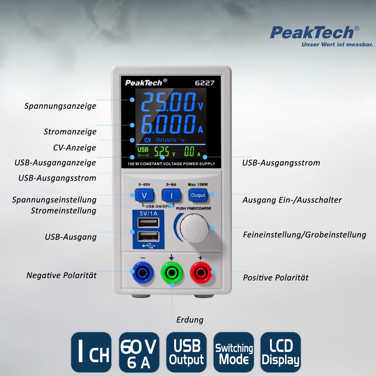 Impulsu barošanas avots 0 - 60 V / 0 - 6 A DC, P 6227