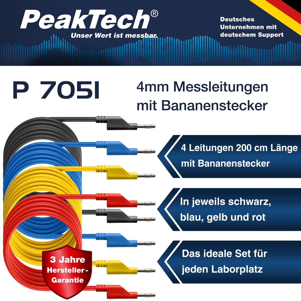 Set of 4 Test Leads (200cm) for Laboratory Power Supplies, P 7051