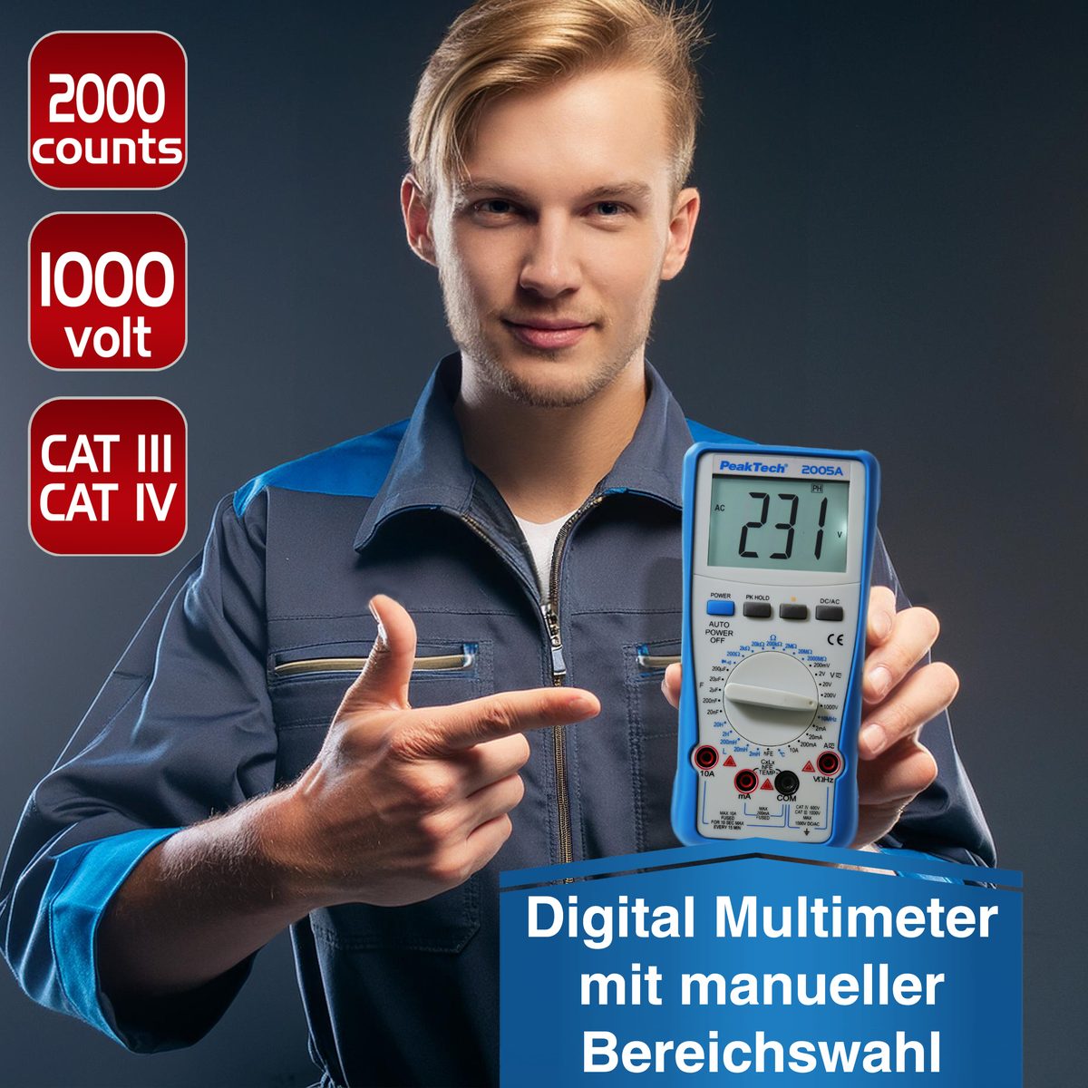 Digitāls multimetrs, 1000 V, 2000 vienības, 10 A AC/DC, P 2005 A