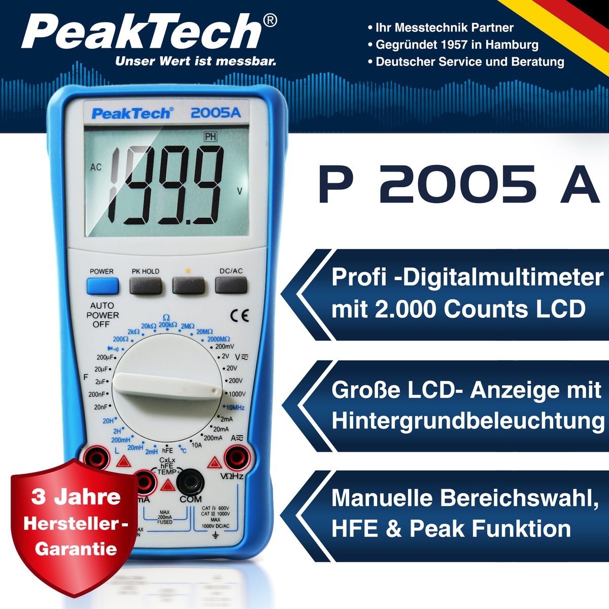 Digitāls multimetrs, 1000 V, 2000 vienības, 10 A AC/DC, P 2005 A