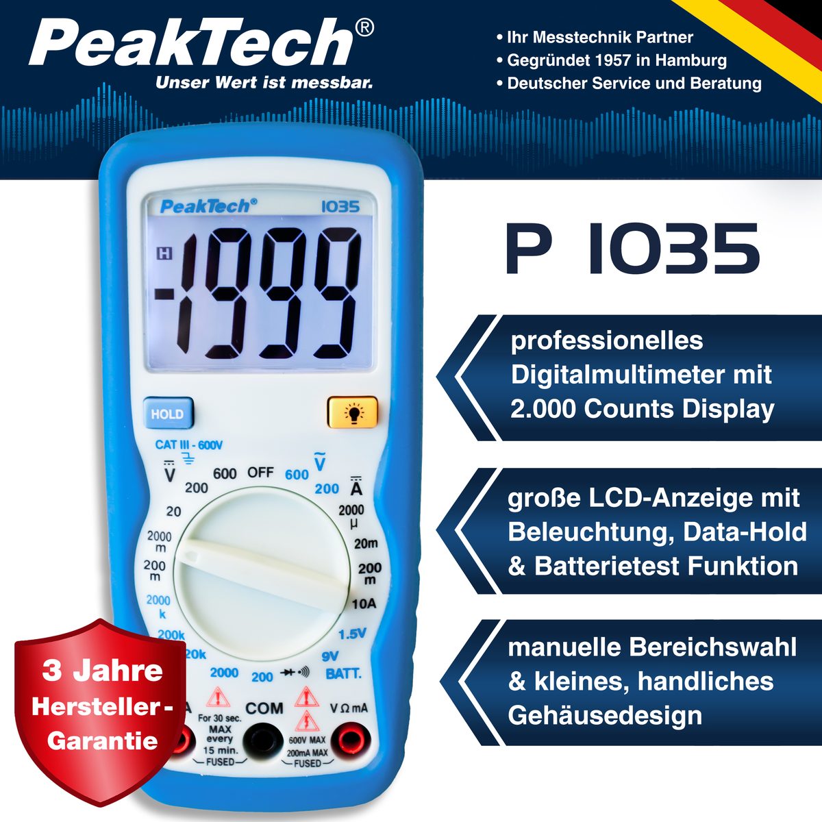 Digital multimeter, 600 V AC/DC, 2000 counts, P 1035