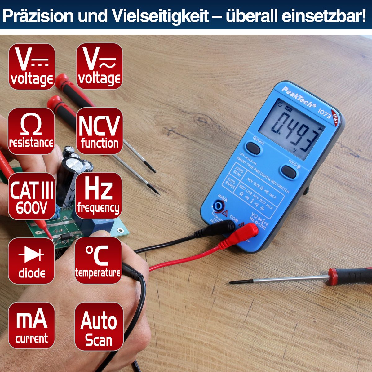 Multimetrs ar automātisku mērīšanas funkcijas izvēli, 600 V AC/DC, NCV un LIVE pārbaude, P 1073
