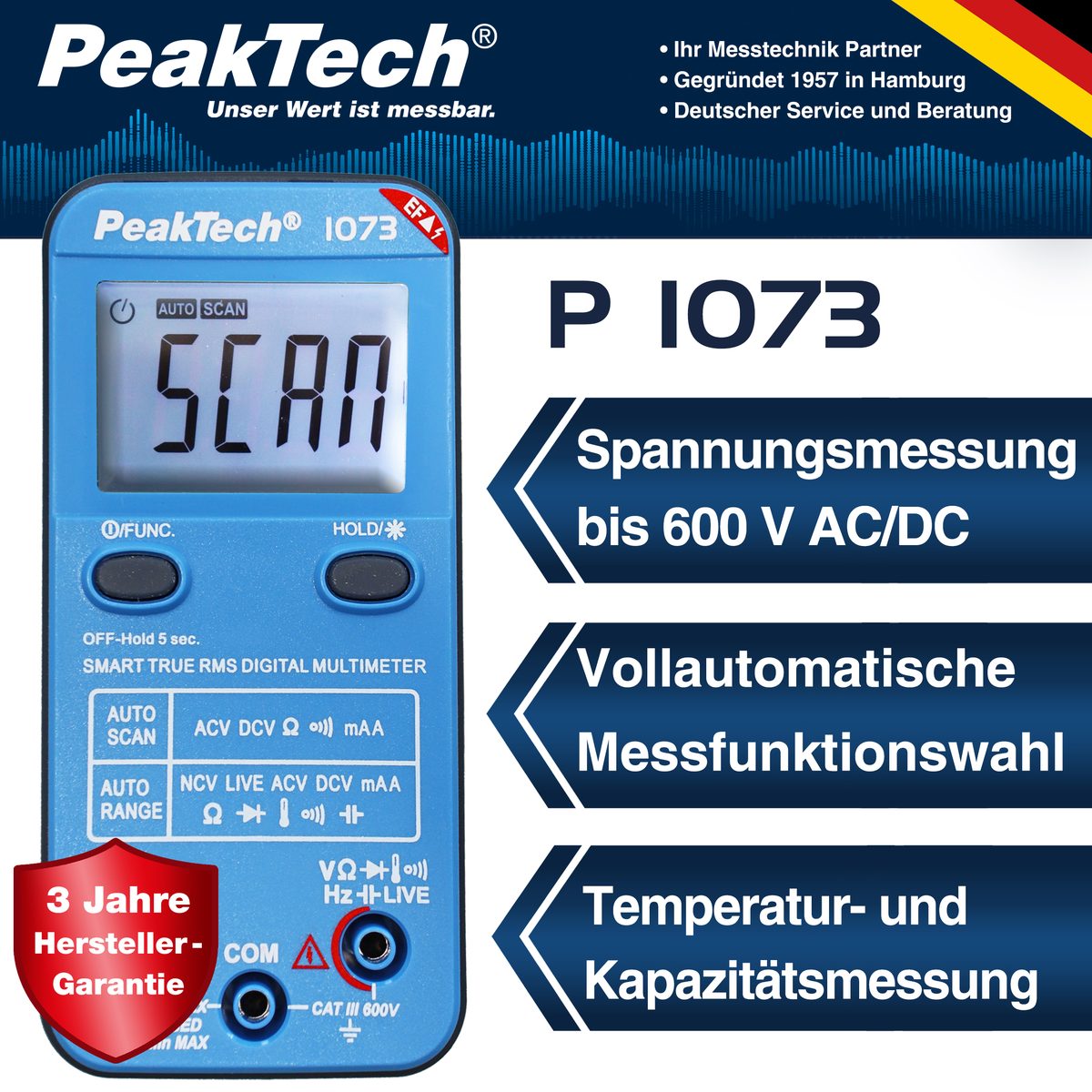 Multimetrs ar automātisku mērīšanas funkcijas izvēli, 600 V AC/DC, NCV un LIVE pārbaude, P 1073