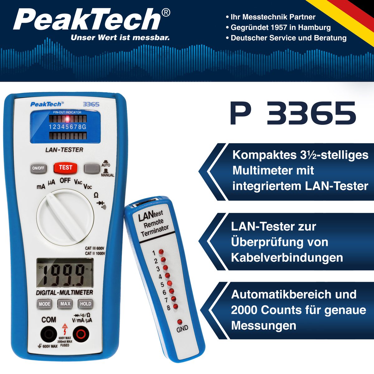 Digital multimeter, 2000 counts, with LAN tester, P 3365