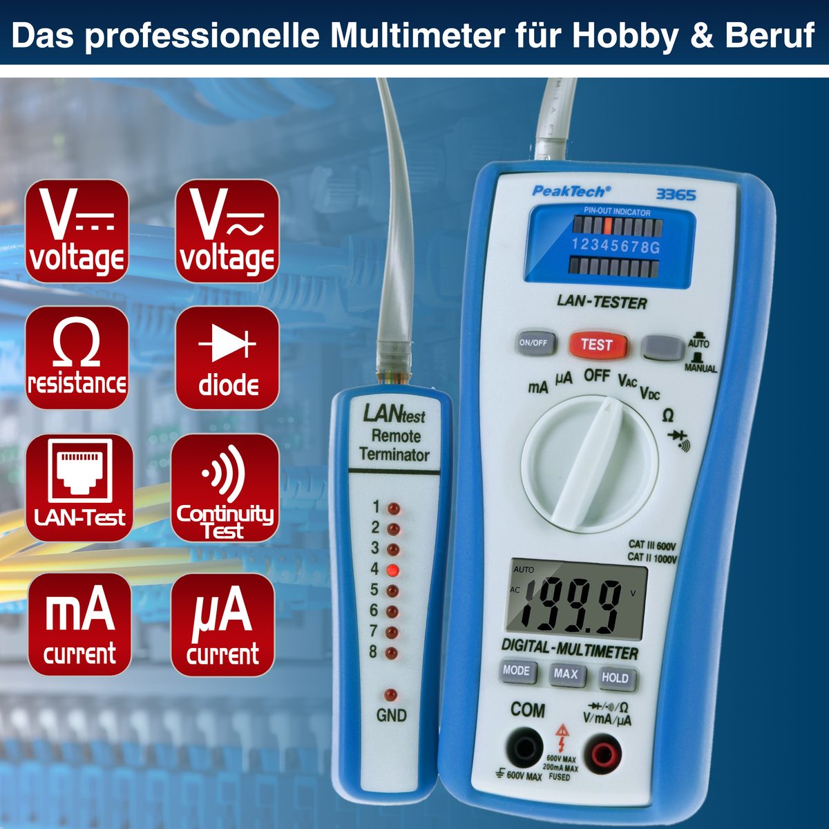 Digital multimeter, 2000 counts, with LAN tester, P 3365
