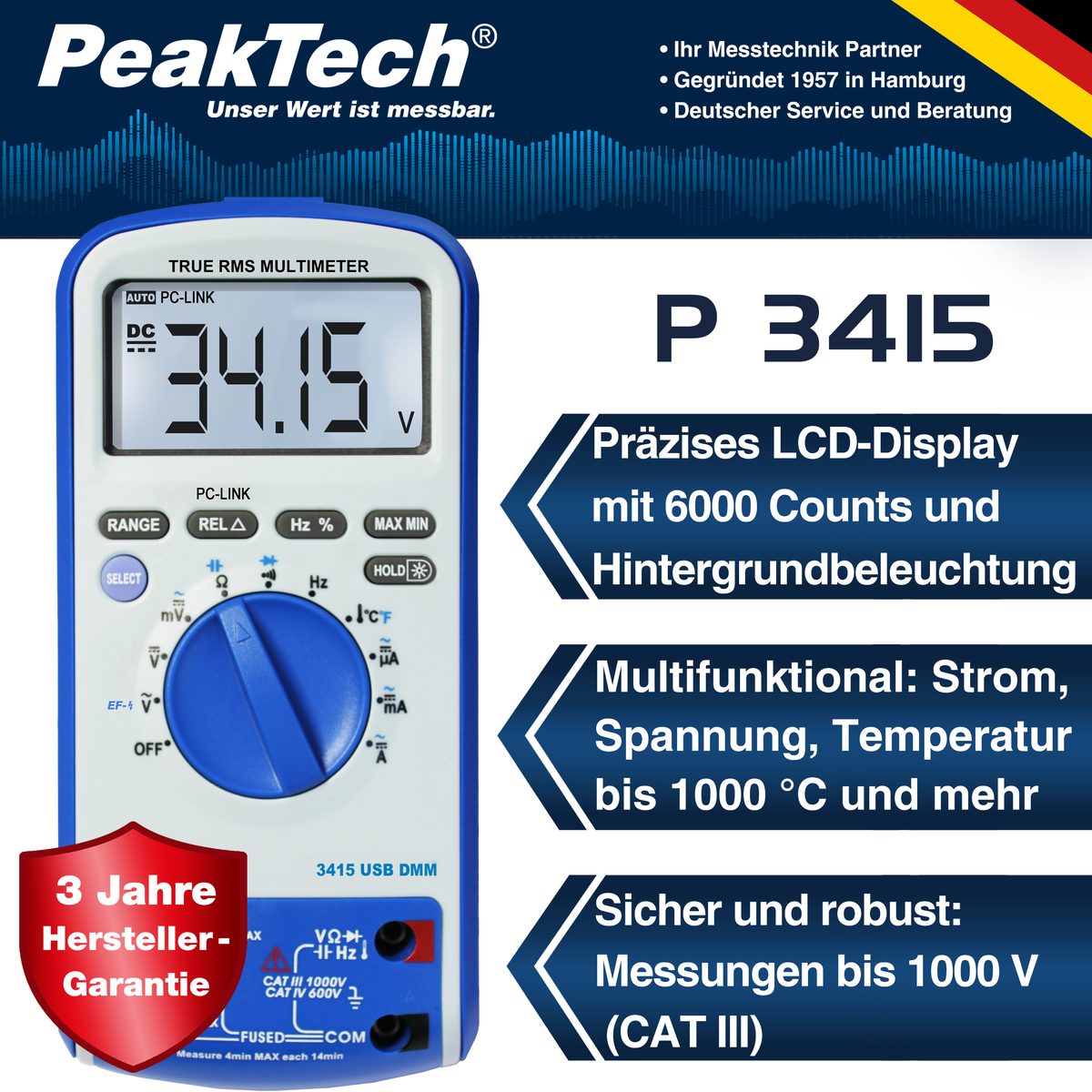 Digitāls multimetrs, 6000 vienību indikācija, True RMS, USB, P 3415