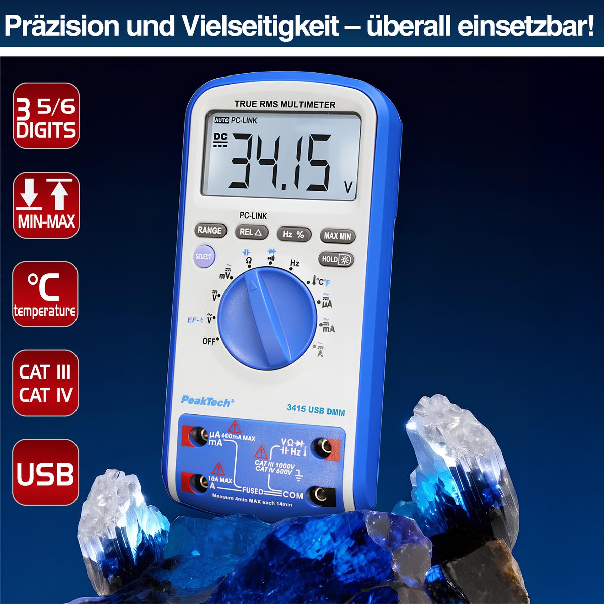Digitāls multimetrs, 6000 vienību indikācija, True RMS, USB, P 3415