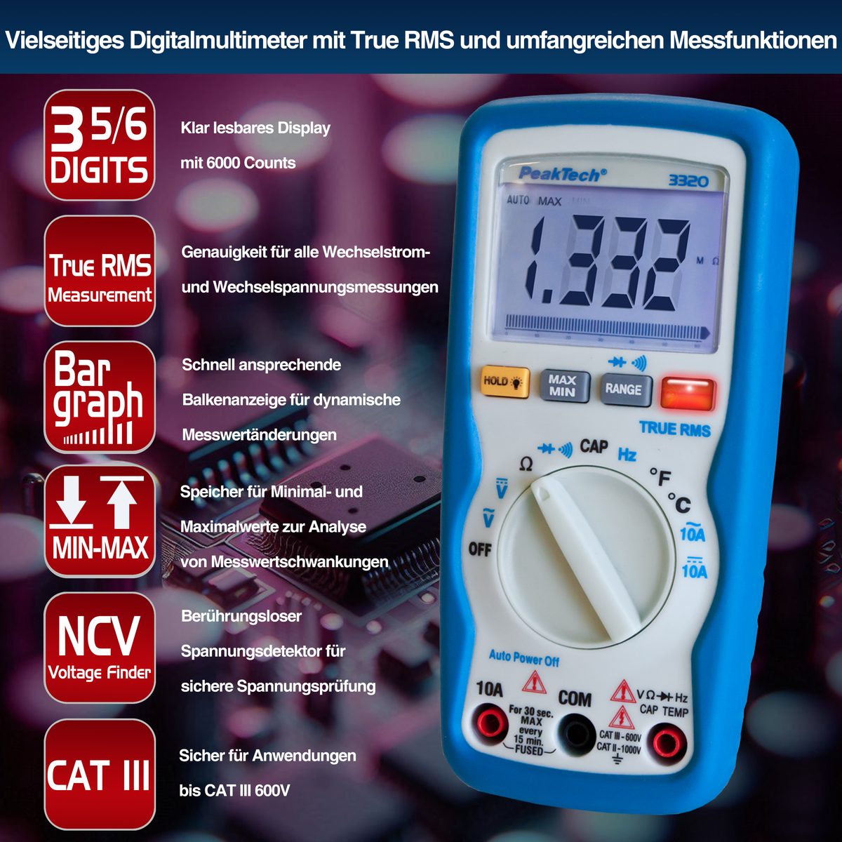 Digitāls multimetrs, 6000 vienību indikācija, True RMS, P 3320