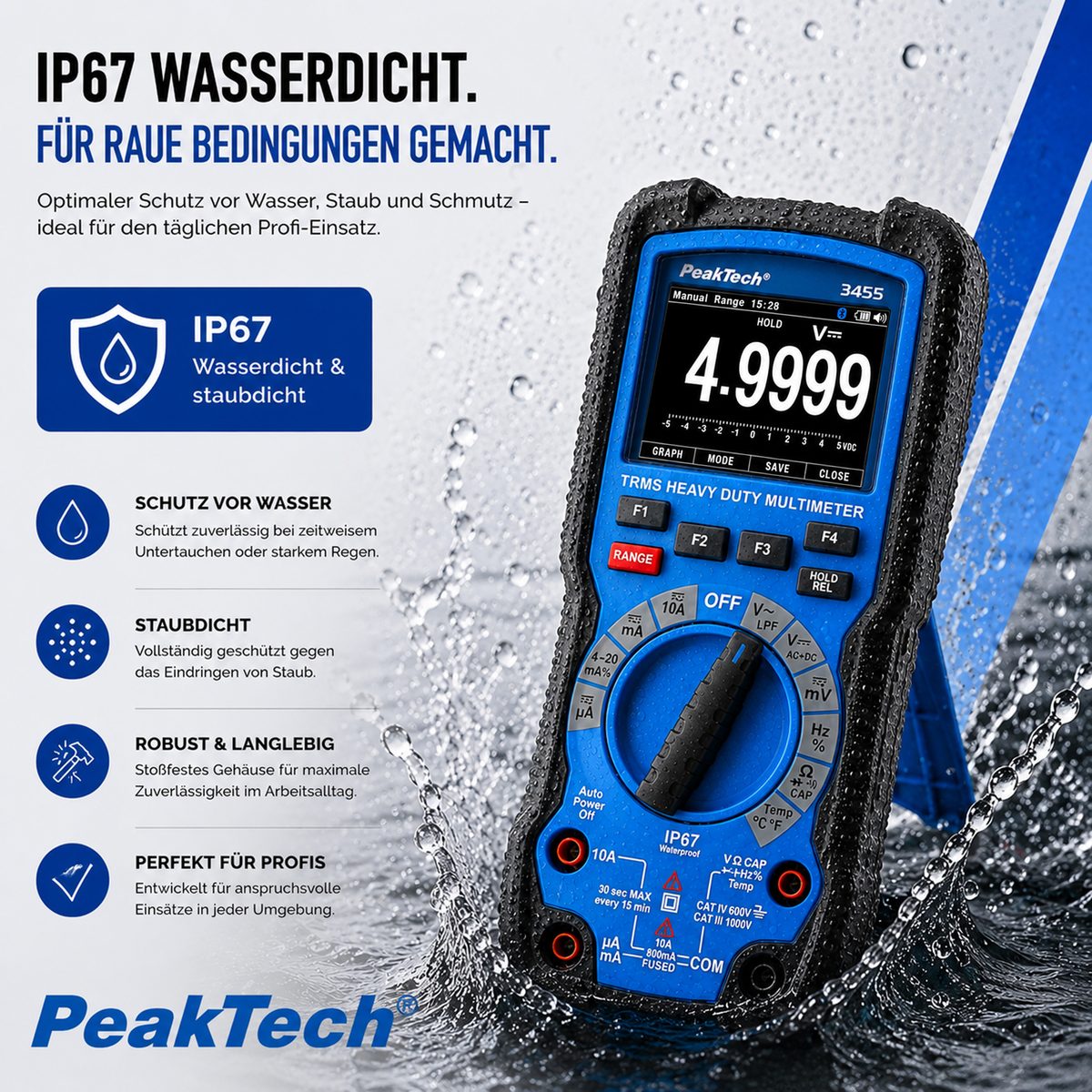 Rugged graphical multimeter, 50,000 counts, TFT, 1000 V AC/DC, True RMS, IP67, Bluetooth, P 3455