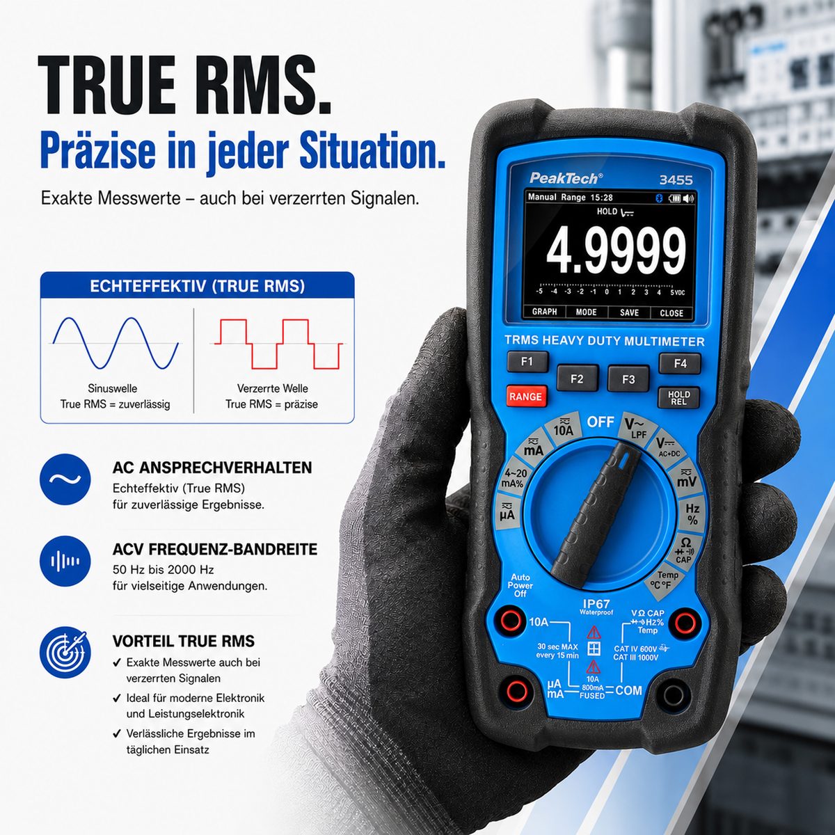 Rugged graphical multimeter, 50,000 counts, TFT, 1000 V AC/DC, True RMS, IP67, Bluetooth, P 3455