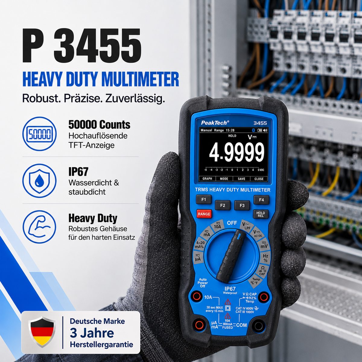 Rugged graphical multimeter, 50,000 counts, TFT, 1000 V AC/DC, True RMS, IP67, Bluetooth, P 3455