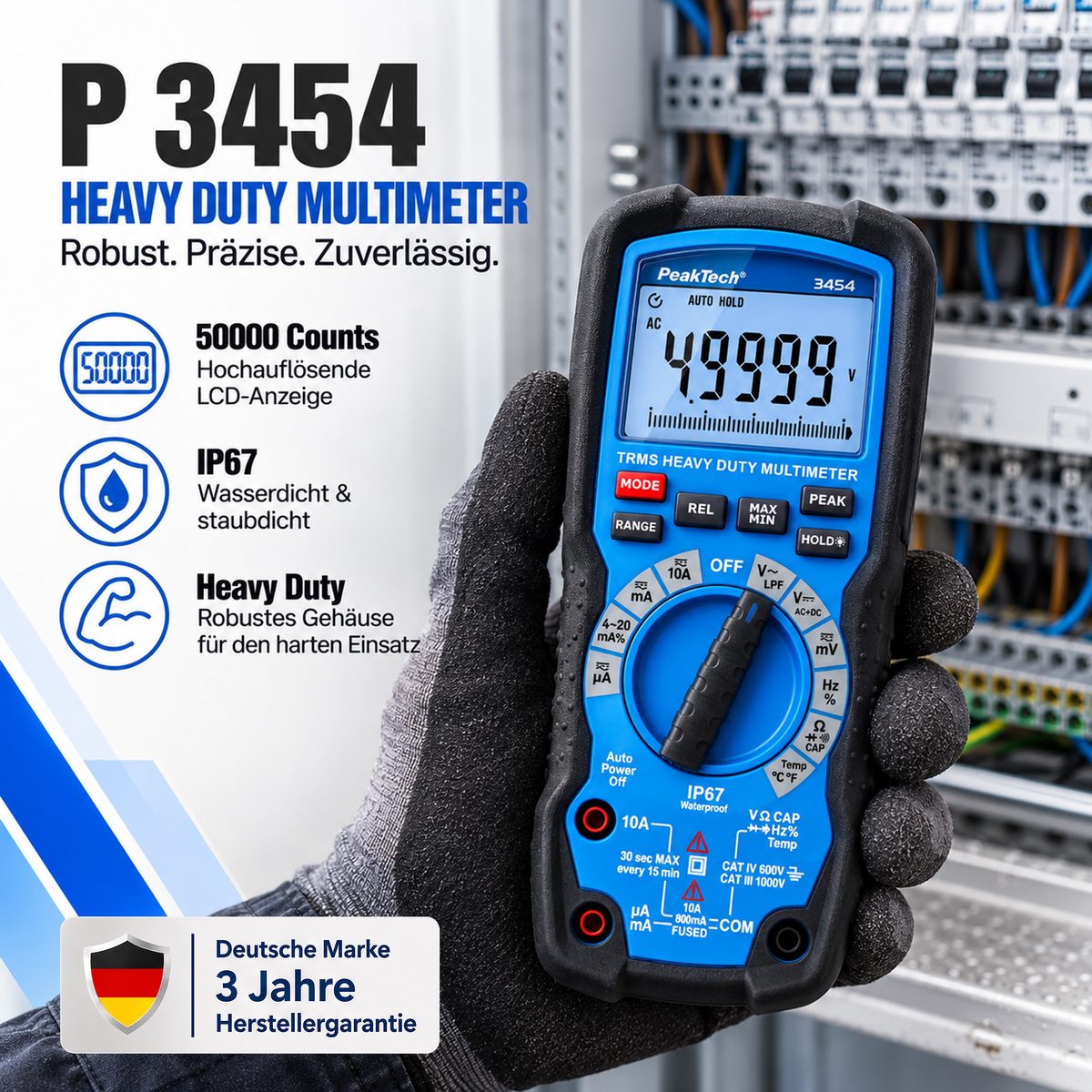 Izturīgs multimetrs, 50 000 vienību indikācija, LCD, 1000 V AC/DC, True RMS, IP67, P 3454