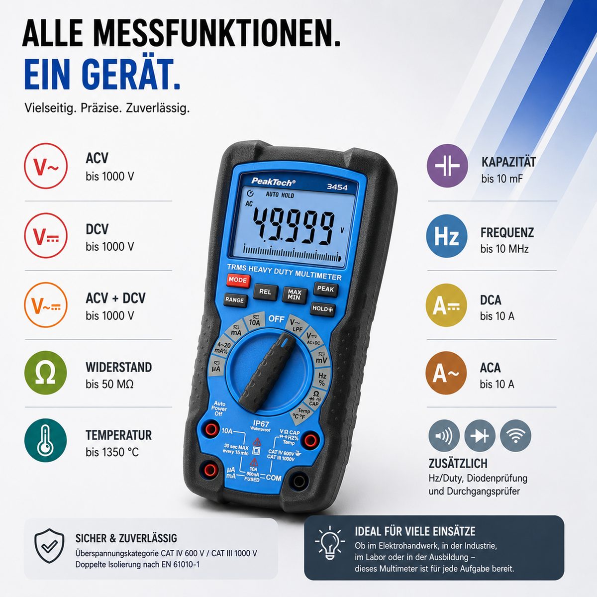 Izturīgs multimetrs, 50 000 vienību indikācija, LCD, 1000 V AC/DC, True RMS, IP67, P 3454