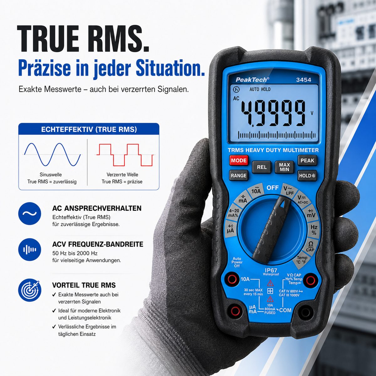 Izturīgs multimetrs, 50 000 vienību indikācija, LCD, 1000 V AC/DC, True RMS, IP67, P 3454